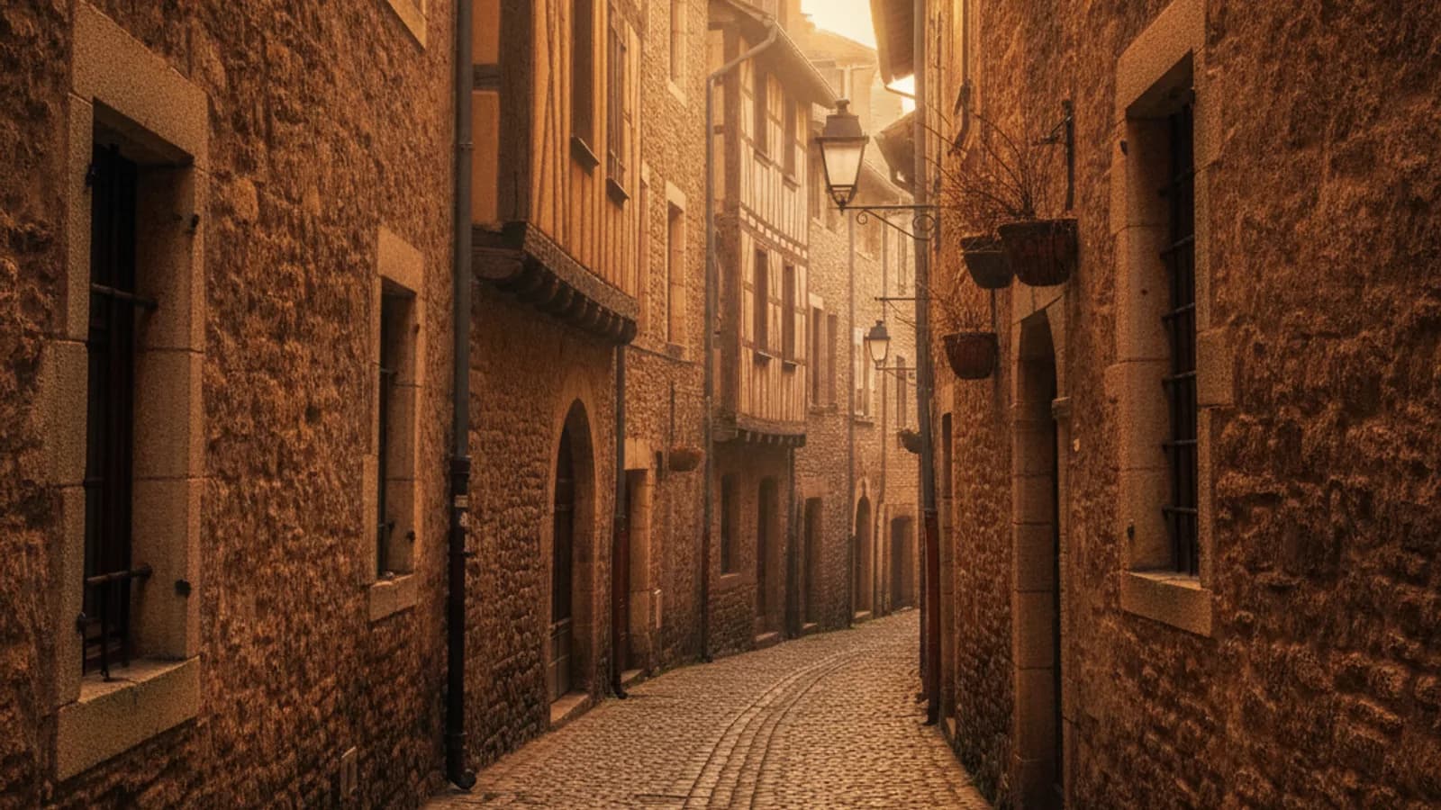 Une ruelle ancienne baignée de lumière dorée, déserte au petit matin